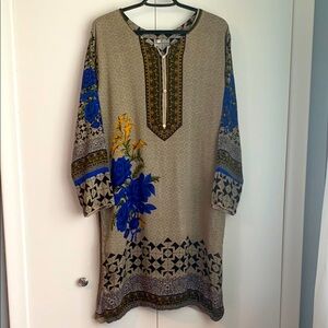 Beige, Blue & Yellow Floral Geometric Ethnic Indo Kurta Size XL